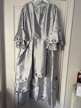 Silver Satin Dress with Scalloped Tiered Sleeves - 1pc